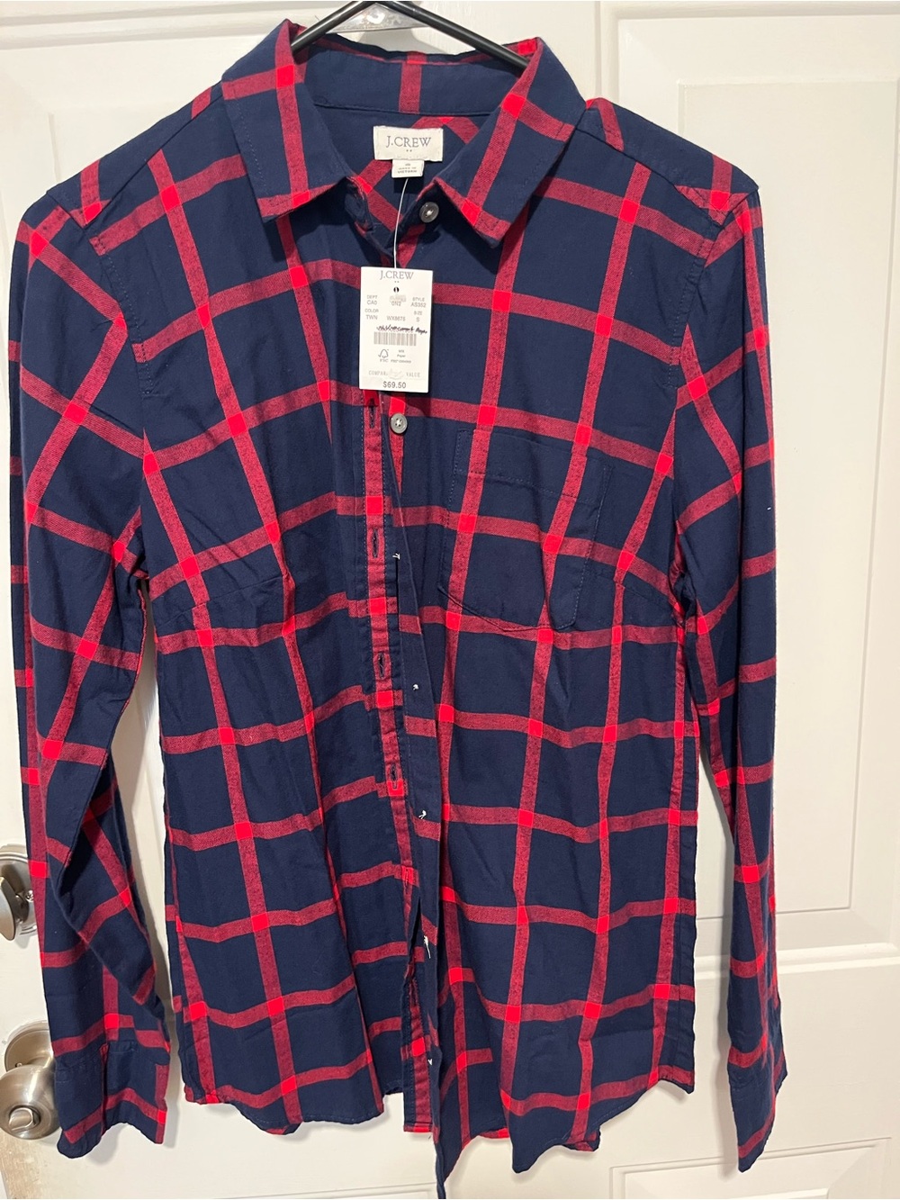 J Crew L/S Flannel Shirt - Navy Blue/Red - Womens Size Small New With Tags
